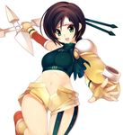  breasts brown_hair commentary_request final_fantasy final_fantasy_vii fingerless_gloves fishnets gloves green_eyes headband holding holding_weapon huge_weapon kinoshita_ichi leg_up looking_at_viewer medium_breasts midriff navel open_mouth short_hair shorts shuriken simple_background smile solo weapon white_background yuffie_kisaragi 