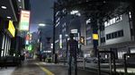  1boy building car city city_shrouded_in_shadow jeans ken_misaki neon_lights night outside plant shop sign store street tree 