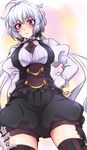  ahoge artist_name blush breasts closed_mouth commentary_request dated eyebrows_visible_through_hair from_below garter_straps hand_on_hip highres juliet_sleeves kiraki large_breasts legs_apart lips long_hair long_sleeves looking_at_viewer necktie puffy_shorts puffy_sleeves purple_eyes senki_zesshou_symphogear shorts silver_hair solo standing striped striped_legwear thighhighs twintails very_long_hair yukine_chris 