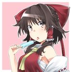  :o bare_shoulders blush bow breasts brown_eyes brown_hair commentary_request detached_sleeves dripping food hair_bow hair_tubes hakurei_reimu half_updo highres ice_cream kz_oji large_bow looking_at_viewer medium_breasts medium_hair melting neckerchief popsicle sarashi sideboob solo tongue tongue_out touhou 