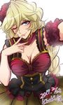  armband artist_name blonde_hair blush braid breasts carol_malus_dienheim cleavage dated dress eyebrows_visible_through_hair eyelashes finger_to_mouth flower hair_flower hair_ornament highres kiraki large_breasts lips long_hair looking_at_viewer mole mole_under_eye older one_eye_closed outstretched_arm reaching_out self_shot senki_zesshou_symphogear shiny shiny_hair shiny_skin simple_background smile solo very_long_hair white_background 
