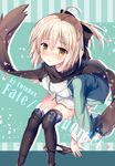  3: ahoge bad_id bad_pixiv_id bangs black_bow black_legwear black_panties black_scarf blonde_hair blush bow bow_panties breasts circle_name closed_mouth commentary_request copyright_name eyebrows_visible_through_hair fate_(series) hair_between_eyes hair_bow half_updo haori japanese_clothes kimono koha-ace looking_at_viewer medium_breasts okita_souji_(fate) okita_souji_(fate)_(all) over-kneehighs panties panties_around_one_leg ponytail pulled_by_self scarf short_hair short_kimono sitting solo sousouman tears thighhighs toeless_legwear underwear undressing white_kimono yellow_eyes 