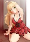  ahoge armpits barefoot blonde_hair breasts cleavage dated dress fate/extella fate/extra fate_(series) green_eyes highres kneeling large_breasts long_hair looking_at_viewer modern_costume_of_crimson nero_claudius_(fate) nero_claudius_(fate)_(all) red_dress ribbon signature smile solo thealagator 