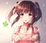  blush brown_eyes brown_hair cherry_blossoms clover four-leaf_clover idolmaster idolmaster_cinderella_girls jewelry looking_at_viewer necklace ogata_chieri open_mouth petals short_hair smile solo twintails upper_body yomono 