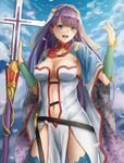  :d belt blue_eyes bracer breasts cape cleavage cross fate/grand_order fate_(series) highres large_breasts light_blush long_hair navel navel_cutout open_mouth petals purple_hair saint_martha smile solo staff sugi87 thighhighs veil 