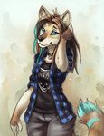  anthro black_nose blue_eyes breasts canine clothed clothing collar dipstick_tail eyebrows eyelashes fingerless_(marking) fully_clothed hair hand_behind_head jeans long_hair looking_at_viewer mammal multicolored_tail pants plaid portrait shirt signature solo standing tasanko three-quarter_portrait wolf 