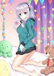  ass bangs bare_legs barefoot bed_sheet blue_eyes blush bow breasts closed_mouth commentary_request eromanga_sensei eyebrows_visible_through_hair from_side gradient gradient_hair green_hood green_jacket hair_between_eyes hair_bow hair_ornament hand_on_hip headset highres hood hood_down hooded_jacket indoors izumi_sagiri jacket kneeling lavender_hair long_hair long_sleeves looking_at_viewer medium_breasts microphone multicolored_hair no_panties on_bed pink_bow pocket purple_hair sidelocks soles solo stuffed_animal stuffed_octopus stuffed_toy teddy_bear whitepoplartree 