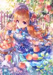  artist_name bangs basket beads blonde_hair blue_bow blue_dress blue_eyes blush bonnet bow braid breasts cleavage cleavage_cutout dress eyebrows_visible_through_hair fence flower food frills fruit gem hair_ribbon holding holding_basket holding_food holding_fruit ironwork looking_at_viewer medium_breasts original peach plant ribbon skirt_hold smile solo standing striped striped_bow twin_braids vertical-striped_dress vertical_stripes wrist_cuffs zenyu 