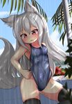  adjusting_clothes adjusting_swimsuit animal_ears black_legwear competition_swimsuit cowboy_shot grey_swimsuit hotel01 long_hair looking_down one-piece_swimsuit original showering solo swimsuit tail thighhighs wet wolf_ears wolf_tail 