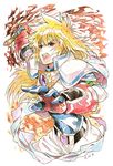  1boy armor belt blonde_hair blue_eyes fingerless_gloves fire gloves headband long_hair open_mouth pants stahn_aileron sword tales_of_(series) tales_of_destiny weapon 