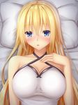  1girl :o blonde_hair blue_eyes blush breasts cleavage commentary_request fate/apocrypha fate_(series) jeanne_d'arc_(fate) jeanne_d'arc_(ruler)_(fate) large_breasts long_hair lying on_back pillow solo tapisuke upper_body 