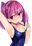  areolae armpits bad_id bad_pixiv_id blush condom condom_in_mouth condom_wrapper fate/grand_order fate_(series) heart helena_blavatsky_(fate/grand_order) highres looking_to_the_side mouth_hold muoto one-piece_swimsuit purple_eyes purple_hair short_hair simple_background smile solo swimsuit white_background 