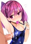  1girl areolae armpits blush condom condom_in_mouth condom_wrapper cum cum_on_clothes fate/grand_order fate_(series) helena_blavatsky_(fate/grand_order) highres looking_to_the_side mouth_hold muoto one-piece_swimsuit penis penis_under_clothes purple_eyes purple_hair short_hair simple_background smile solo_focus swimsuit white_background 