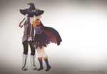  1boy 1girl black_hair boots cape detached_sleeves dress hat long_hair pants parody pink_hair short_hair tales_of_(series) tales_of_vesperia vest witch_hat yamada-kun_to_7-nin_no_majo yuri_lowell 