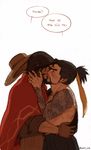  2boys beard blush facial_hair hanzo_(overwatch) hat kiss male_focus mccree_(overwatch) multiple_boys overwatch park_cok tattoo text yaoi yes_closed 