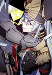  altair_(re:creators) commentary_request gauntlets hat long_hair military military_uniform musu_(owllwo38) re:creators red_eyes saber_(weapon) shako_cap silver_hair smile solo sword uniform weapon 