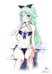  2017 absurdres adapted_costume bad_id bad_pixiv_id bangs bikini black_bikini blue_eyes dated food green_hair hair_between_eyes hair_ornament hair_ribbon hairclip highres kantai_collection long_hair looking_at_viewer mayogii parted_bangs ponytail popsicle ribbon sidelocks signature sitting solo swimsuit yamakaze_(kantai_collection) 