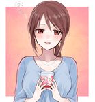  blush breasts brown_hair chisumi collarbone cup eyebrows_visible_through_hair hands_up holding holding_cup idolmaster idolmaster_cinderella_girls long_hair looking_at_viewer low_ponytail medium_breasts mifune_miyu parted_lips ponytail red_eyes sleeves_past_elbows smile solo upper_body 
