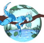  5_fingers anthro antlers blue_fur blue_hair canine cervine deer female fur grey_nose hair horn hybrid mammal nude shariea smile solo treebranch water 