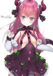  bangs blue_eyes blush breasts claws closed_mouth commentary detached_sleeves dragon_horns dragon_tail dress elizabeth_bathory_(fate) elizabeth_bathory_(fate)_(all) eyebrows_visible_through_hair fate/extra fate/extra_ccc fate_(series) frilled_sleeves frills hair_ornament henet_hene horns long_hair medium_breasts pink_hair revealing_clothes simple_background smile solo tail twitter_username two_side_up white_background 