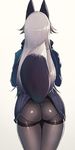  animal_humanoid blue_shirt butt canine clothing dipstick_tail don_(don_0608) female fluffy fluffy_tail fox fox_humanoid hair humanoid kemono_friends legwear long_hair mammal multicolored_tail panties rear_view silver_fox_(kemono_friends) silver_hair skirt tights underwear 