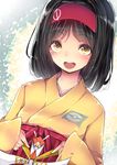  black_hair blush brown_eyes commentary_request e-co erika_(pokemon) gen_7_pokemon gym_leader hairband highres japanese_clothes kartana kimono open_mouth pokemon pokemon_(game) pokemon_hgss short_hair sketch smile solo 