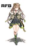  artist_name blush brown_hair character_name choker commentary_request dated dog_tags double_bun fingerless_gloves full_body fur_trim girls_frontline gloves green_eyes highres jacket long_hair looking_away rfb_(girls_frontline) single_glove skirt smile solo teratsuki 