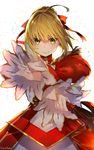  aestus_estus ahoge artist_name bangs blonde_hair braid commentary_request dress epaulettes eyebrows_visible_through_hair fate/extra fate_(series) hair_ribbon holding holding_sword holding_weapon mika_pikazo nero_claudius_(fate) nero_claudius_(fate)_(all) red_dress red_ribbon ribbon sidelocks signature solo sword upper_body weapon 