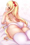  1girl ass blonde_hair bow bubbles bullseye1203 eromanga_sensei female flat_chest green_hair hair_bow long_hair looking_at_viewer lying on_stomach panties pointy_ears profile red_bow shiny shiny_skin solo thighhighs topless underwear white_legwear yamada_elf 