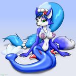  2017 blue_fur blue_hair breasts canine chameloshi cosplay female fox fur gradient_background green_eyes hair jewelry krystal long_hair looking_at_viewer mammal navel nintendo pinup pok&eacute;mon pose primarina seashell seashell_bra simple_background sitting solo star_fox video_games white_fur 