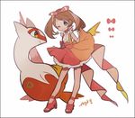  alternate_costume alternate_eye_color auko bow brown_hair buttons frills full_body gen_3_pokemon green_eyes hair_bow haruka_(pokemon) high_heels latias one_eye_closed pokemon pokemon_(creature) pokemon_(game) pokemon_oras smile 