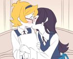  barbara_parker black_hair blonde_hair blush drawfag flat_color freckles glasses kiss little_witch_academia lotte_jansson luna_nova_school_uniform multiple_girls profile surprised wand yuri 