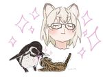  animal animal_ears animalization artist_name bird black-framed_eyewear blonde_hair blood cat_ears closed_eyes closed_mouth dot_nose extra_ears eye_contact eyebrows_visible_through_hair eyelashes facing_viewer glasses humboldt_penguin humboldt_penguin_(kemono_friends) kab00m_chuck kemono_friends kiss looking_at_another lying margay margay_(kemono_friends) nosebleed penguin portrait short_hair signature smile sparkle spotted_hair standing trembling white_background yuri 