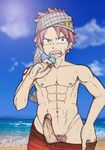  abs beach erection fairy_tail male_focus muscle natsu_dragneel ocean outdoors penis pink_hair summer 