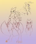  2016 anthro black_sclera breasts bridal_gloves butt canine clothed clothing dakkpasserida digimon digital_media_(artwork) english_text female fox fur looking_at_viewer mammal nude renamon simple_background smile solo text video_games 
