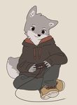  5_fingers anthro black_eyes black_nose canine clothing controller crossed_legs footwear fur game_controller grey_fur hoodie jeans kemono male mammal multicolored_fur pants s1120411 shoes simple_background sitting solo tan_background two_tone_fur white_fur wolf 
