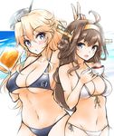  ahoge alcohol beer beer_mug bikini black_bikini black_tea blonde_hair blue_eyes breasts brown_hair cup double_bun geckolion hair_between_eyes hairband headgear holding holding_cup iowa_(kantai_collection) kantai_collection kongou_(kantai_collection) large_breasts long_hair multiple_girls open_mouth remodel_(kantai_collection) star star-shaped_pupils swimsuit symbol-shaped_pupils tea teacup teeth v white_bikini 