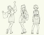  bow eyebrows_visible_through_hair from_behind hair_between_eyes hair_bow hakama_skirt hand_on_neck high_ponytail houshou_(kantai_collection) japanese_clothes kantai_collection long_hair looking_at_viewer monochrome multiple_views pas_(paxiti) pigeon-toed sandals sketch standing 