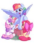  2017 apple_bloom_(mlp) bobdude0 cub cutie_mark earth_pony equine feathered_wings feathers female feral friendship_is_magic group hair hair_bow hair_ribbon hi_res horn horse mammal multicolored_hair my_little_pony open_mouth pegasus pink_hair pony purple_hair rainbow_dash_(mlp) rainbow_hair ribbons sweetie_belle_(mlp) two_tone_hair unicorn wings young 