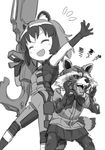  1girl angry animal_ears common_raccoon_(kemono_friends) cosplay costume_switch crossover embarrassed fang gloves greyscale guardians_of_the_galaxy gun height_difference huge_weapon kemono_friends kinosuke_(sositeimanoga) monochrome multicolored_hair raccoon raccoon_ears rocket_raccoon short_hair skirt two-tone_hair weapon 