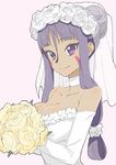  absurdres bangs bare_shoulders blunt_bangs bouquet breasts bridal_veil choker cleavage closed_mouth collarbone dark_skin donguri_suzume dress eyebrows_visible_through_hair facial_mark fate/grand_order fate_(series) flower from_side hair_between_eyes hair_bun hair_flower hair_ornament highres holding holding_bouquet large_breasts long_hair looking_at_viewer nitocris_(fate/grand_order) pink_background purple_eyes purple_hair rose sidelocks simple_background smile solo turtleneck veil wedding_dress white_dress white_flower white_rose yellow_flower yellow_rose 