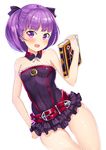  2drr absurdres bare_shoulders belt bob_cut book breasts fate/grand_order fate_(series) helena_blavatsky_(fate/grand_order) highres holding holding_book looking_at_viewer open_mouth purple_eyes purple_hair short_hair simple_background small_breasts smile solo tree_of_life white_background 