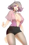  black_lipstick bob_cut breasts character_request cleavage copyright_request covered_nipples fishnet_pantyhose fishnets grey_hair grin halterneck highres large_breasts lipstick makeup necktie no_bra pantyhose purple_eyes short_shorts shorts slugbox smile solo 