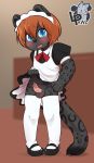  anthro balls blue_eyes brown_hair child clothed clothing clothing_lift crossdressing cub erection felid footwear hair legwear leopard lpawz maid_uniform male mammal pantherine penis precum shoes simple_background solo stockings uniform young 