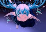  air_bubble bangs barefoot black_dress blue_eyes blue_hair breasts bubble downblouse dress hair_between_eyes hatsune_miku long_hair looking_at_viewer open_mouth shinkai_shoujo_(vocaloid) small_breasts smile solo strap_slip submerged underwater vocaloid zen_o 