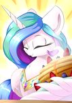  2017 absurd_res equine eyes_closed feathered_wings feathers female feral food friendship_is_magic hair hi_res horn long_hair madacon mammal multicolored_hair my_little_pony princess_celestia_(mlp) smile solo winged_unicorn wings 