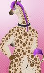  anthro big_breasts breasts butt collar female giraffe looking_at_viewer mammal nipples nude pussy saberhorn simple_background smile solo 