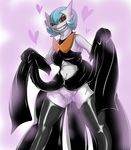  1girl artist_request black_legwear blue_hair boots dress_lift gardevoir grin heart heart-shaped_pupils legs_apart lifted_by_self navel no_humans pokemon pokemon_(creature) pokemon_rse purple_background pussy pussy_juice pussy_juice_drip red_eyes shiny_pokemon short_hair simple_background solo teeth thighhighs uncensored 