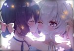  2girls bare_shoulders black_hair blue_eyes blue_ribbon blush bow collarbone english_text eyebrows_visible_through_hair facing_another hair_bow hair_ornament highres kiss konno_junko mizuno_ai multiple_girls neck_ribbon one_eye_closed ribbon short_hair upper_body white_hair yuri yuri_(miiiiikun0515) zombie_land_saga 