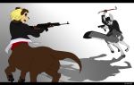  2016 5_fingers ak-47 angry assault_rifle black_fur black_hair black_nose blonde_hair bottomless brown_fur butt canine canine_taur claws clothed clothing crowbar dog dog_taur esciso esciso_(character) eyebrows eyewear fennec fight fluffy fluffy_tail fox fox_taur fur glock gradient_background grey_fur gun hair handgun hi_res jacket male mammal multicolored_fur necktie no_sclera open_mouth partially_clothed pistol ranged_weapon rifle robindark_(character) running shadow shirt simple_background taur weapon willian_shion yellow_eyes 